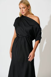 Black Satin Off Shoulder Maxi Dress - Sarita